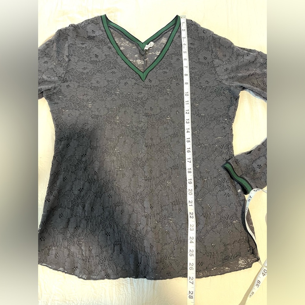 Free People All Day Lace Long Sleeve Top Gray Lace Green Trim SZ L EUC - Picture 8 of 8